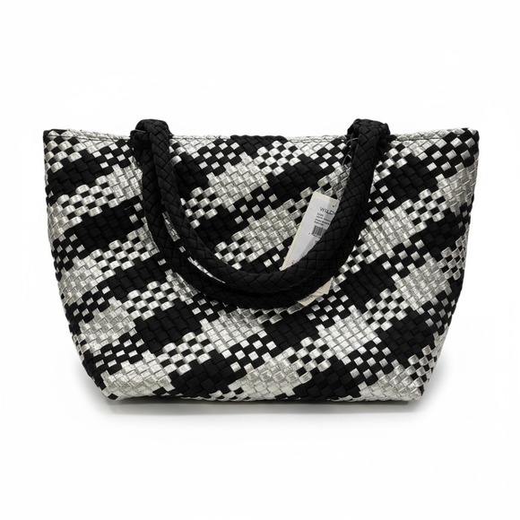 Wildfox Handbags - WILD FOX Woven Tote Bag Black Silver Houndstooth Large Shopper Beach Bag